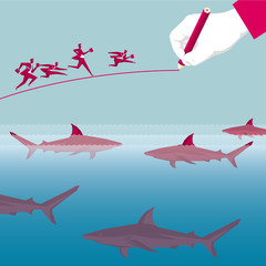 Obraz premium Businessman fleeing shark siege from hand drawn lines.