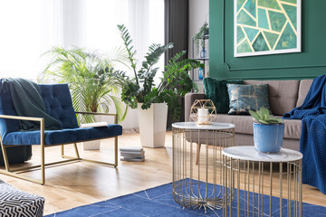 Stylish living room interior idea with green, blue and gold colors
