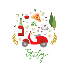 Italy icons vector round concept. Doodle elements on white background. Visit Italy travel set with illustrations 