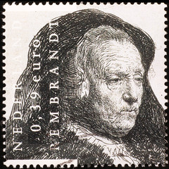 Old woman portrait by Rembrandt on dutch stamp