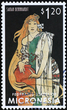 Actress Sarah Benhardt by Alphonse Mucha on postage stamp