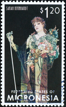 Sarah Benhardt designed by Alphonse Mucha on stamp of Micronesia