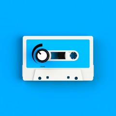 Close up of vintage audio tape cassette with volume knob concept illustration on blue background, Top view with copy space, 3d rendering