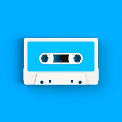 Close up of vintage audio tape cassette illustration on blue background, Top view with copy space, 3d rendering