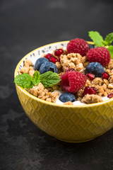 Breakfast bowl with granola,milk and berry fruits