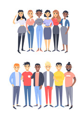 Set of a group of different men and women. Cartoon style characters of different races, gender. Vector illustration caucasian, asian and african american people