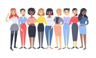 Set of a group of different women. Cartoon style characters of different races. Vector illustration caucasian, asian and african american people
