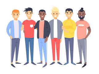 Set of a group of different men. Cartoon style characters of different races. Vector illustration caucasian, asian and african american people