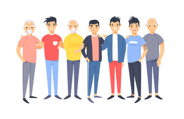 Set of a group of different asian american men. Cartoon style characters of different ages. Vector illustration people