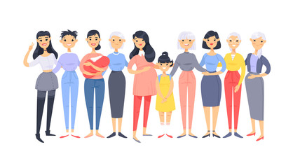 Obraz premium Set of a group of different asian american women. Cartoon style characters of different ages. Vector illustration people