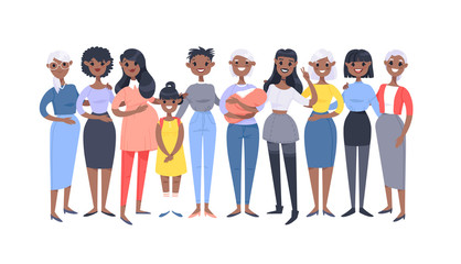 Fototapeta premium Set of a group of different african american women. Cartoon style characters of different ages. Vector illustration people