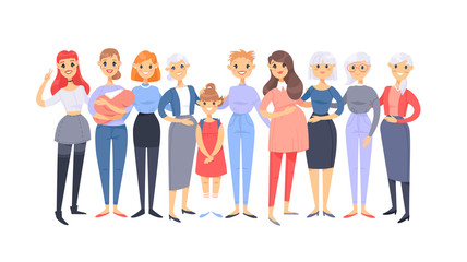 Set of a group of different caucasian women. Cartoon style european characters of different ages. Vector illustration american  people