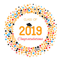 congratulatory banner or poster of graduation class of a university, school, college 2019 with golden stars and glitter. Congratulatory text for the design of invitations.