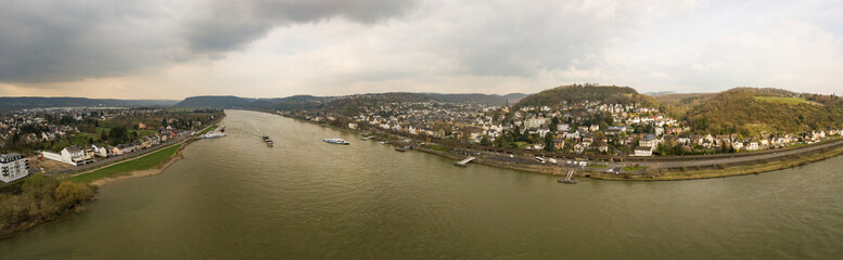 Fototapeta na wymiar The cities Linz am Rhein and Remagen-Kripp from above / Rhineland Palatinate, Germany