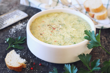 Italian food. Stracciatella soup: parsley, eggs and parmesan cheese