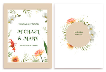 Wedding invitation. Flowers. Floral background. Lilies. Dahlia. White orchids. Pink roses. Green leaves.