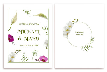 Wedding invitation. Flowers. Floral background. White orchids. Tropical flowers. Green leaves.