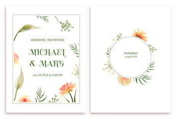 Obraz na płótnie Canvas Wedding invitation. Flowers. Floral background. Dahlia. Pink roses. Green leaves.
