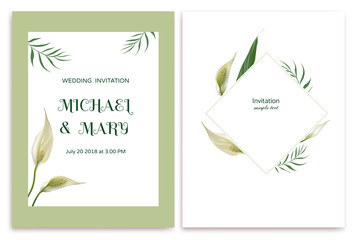 Fototapeta na wymiar Wedding invitation. Flowers. Floral background. Callas. Tropical flowers. Green leaves.
