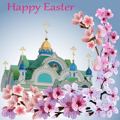 domes of the Church against the sky and branches of flowering trees and the words of happy Easter