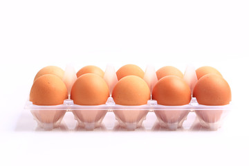 chicken eggs isolated on white background. 10 eggs in a tray