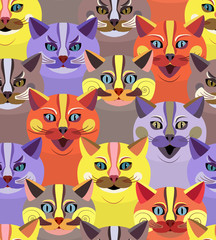 Bright colorful cartoon cats of different characters. Seamless pattern for various products: paper, textiles, bedding, wallpaper, wrapping paper, greeting cards, notebooks, interior. Vector.