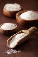 Fototapeta na wymiar coconut flour and flakes healthy ingredient for keto paleo diet