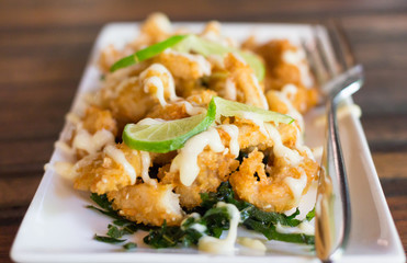 fried chicken with sour sweet sauce and fresh salad