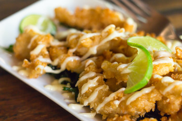 fried chicken with sour sweet sauce and fresh salad