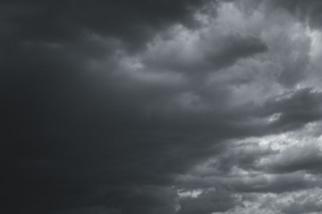 Storm clouds in the sky over the city. Gray gloomy sky before hurricane