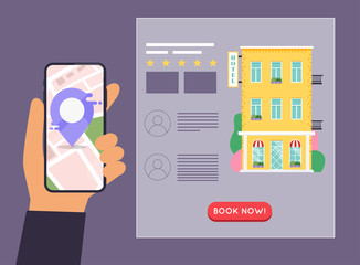 Hand holding mobile smart phone with application search hotel. Find hotel on city map. Flat design style modern vector illustration concept.