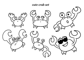 Cute linework set with crab. Crabbing for print, illustration for kids design. Colored book, stikers. Funny characters