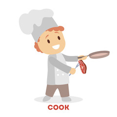 Child play as cook in white uniform. Happy chef