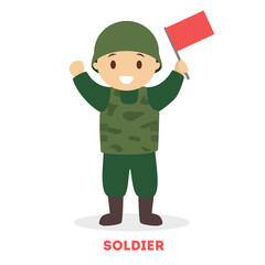 Child play as a soldier. Boy standing in a green
