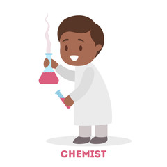 Little child play as scientist. Kid in uniform