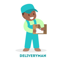 Little child in courier uniform holding a box