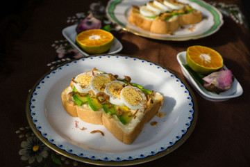 avocado and eggs bread, toast with fruits