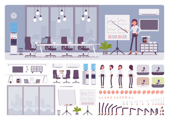 Meeting room in the business center office and female manager creation kit, conference hall set with furniture, constructor elements to build own design. Cartoon flat style infographic illustration