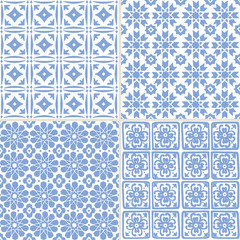 Set of hand drawn blue Moroccan seamless patterns for Ramadan Kareem greeting cards, islamic backgrounds, fabric, web banners. Portuguese azulejos tiles design. Decorative vector illustrations.