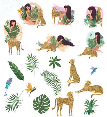 Set of tropical plant, women and leopards illustration. Be wild, Urban jungle card. Editable vector illustration