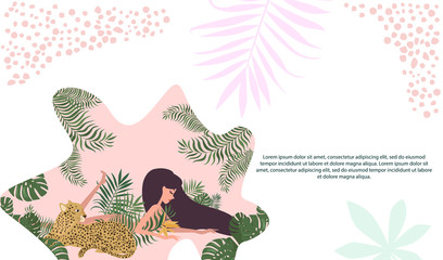 Tropical background with tropical plant, woman and leopard. Be wild, Urban jungle card. Editable vector illustration
