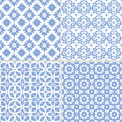 Set of hand drawn blue Moroccan seamless patterns for Ramadan Kareem greeting cards, islamic backgrounds, fabric, web banners. Portuguese azulejos tiles design. Decorative vector illustrations.