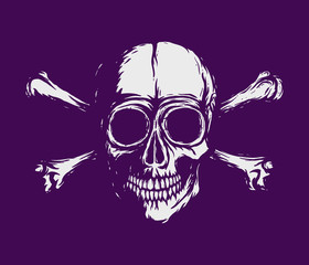 Human skull with bones. Vector white silhouette isolated on ultra violet background. Hand drawn skull illustration