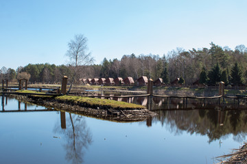 A beautiful place on the lake in a pine forest, a recreation center and slave fishing on the lake, a recreational place in Poland, Europe