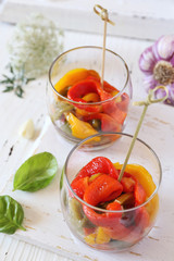 Appetizer. Vegetable salad: roasted tricolor bell pepper, two verrines