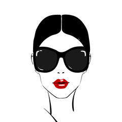 Fototapeta na wymiar Beautiful woman face with red lips make-up and sunglasses hand drawn vector illustration. Stylish original graphics portrait with young girl model. Fashion, style, beauty. Graphic, sketch drawing.