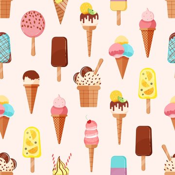 Seamless pattern with tasty sweet ice creams on light background. Backdrop with delicious frozen creamy refreshing summer desserts. Flat cartoon vector illustration for wrapping paper, textile print.