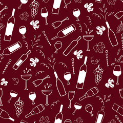 Hand drawn vector seamless pattern with cheese, wine glasses, bottles. Sketch drawing