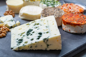 Assortment of French fresh white soft goat cheeses with different tastes topping made with herbs, paprika, indian curry, bruscetta, chives and dried tomatoes and piece of blue cheese Roquefort