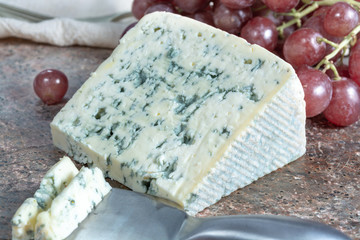Blue Auvergne semi-hard AOP French blue cheese made from raw cow milk in Auvergne, France served as dessert with grapes